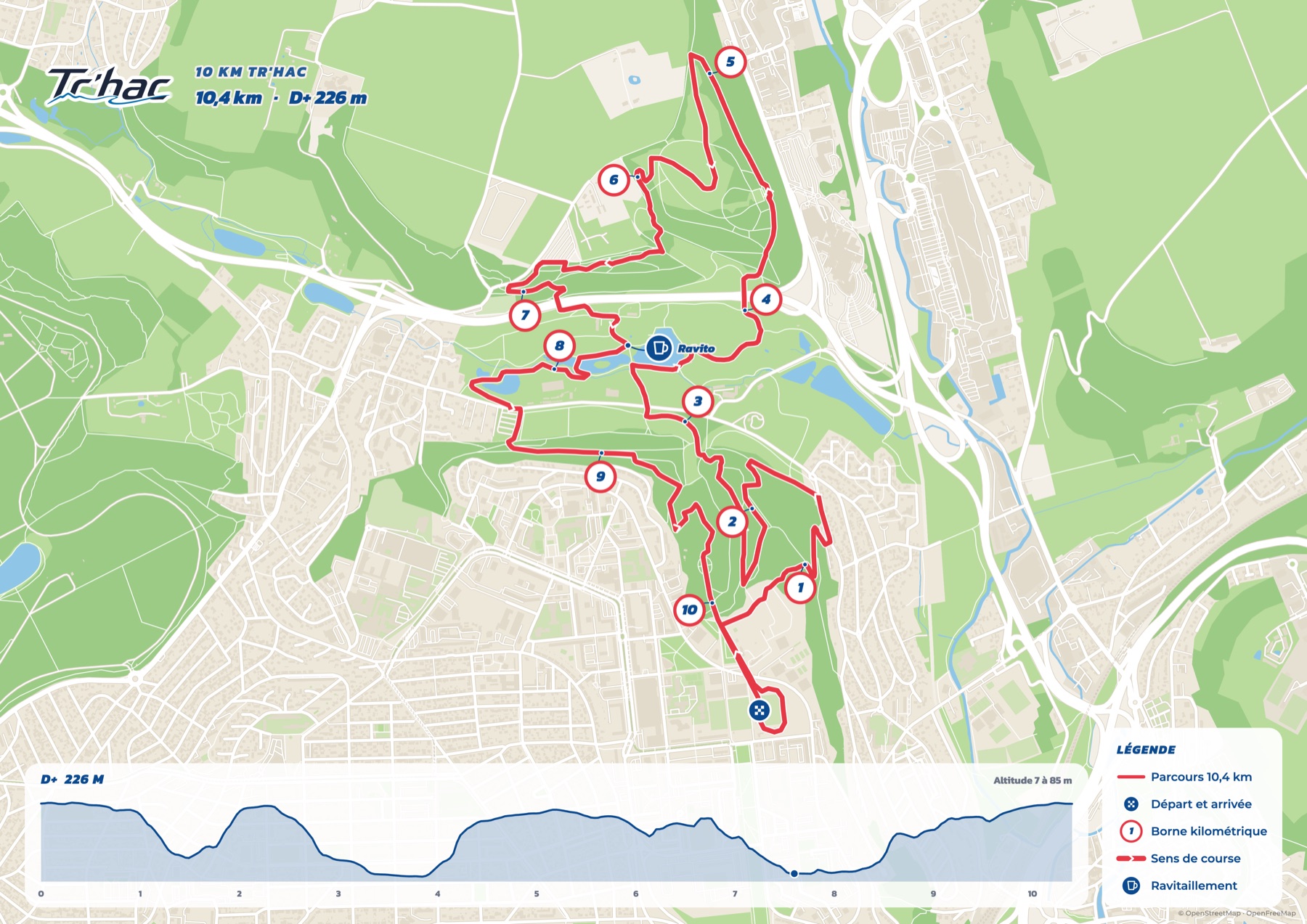 Carte du parcours 10 km course, avec le tracé, les bornes kilométriques, le sens de la course et les ravitaillements.
