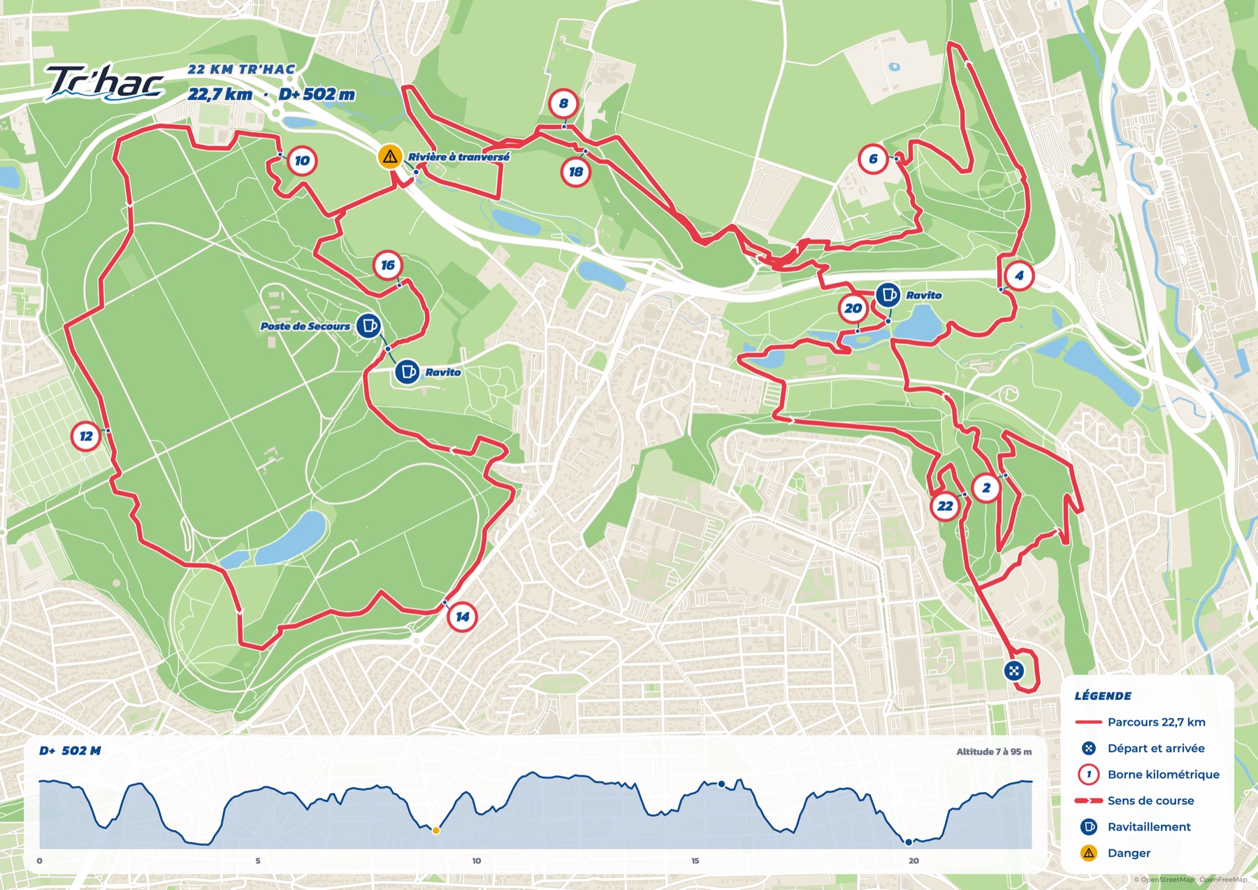 Carte du parcours 22 km course, avec le tracé, les bornes kilométriques, le sens de la course et les ravitaillements.